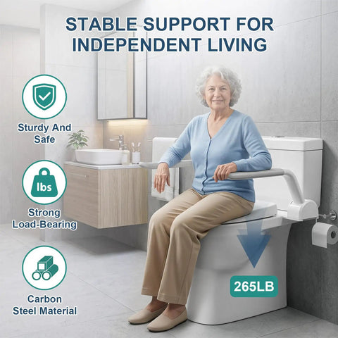Adjustable Toilet Safety Rail With Rock Solid No Slip Handles Hassle Free Bathroom Assist Bar For Elderly Big Time Stability Quick Install Wide Arm Waterproof Grip, carbon steel, 265 lb capacity, elderly support.