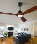 Cool 52 Inch Wood Ceiling Fan With Light Remote, Quiet DC Motor, 3 Solid Wood Blades In Black And Dark Walnut installed in living room