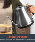 Cosori Gooseneck Electric Kettle 0.8 Liters Silver Precision Pour Over Coffee And Tea Maker pouring water for brewing.