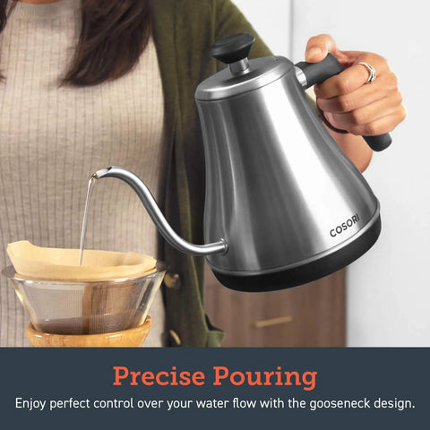 Cosori Gooseneck Electric Kettle 0.8 Liters Silver Precision Pour Over Coffee And Tea Maker pouring water for brewing.
