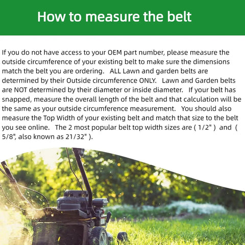 Image showing instructions on measuring a mower belt for Aramid Drive Belt For Mower Five-Eighths Inch By Ninety-Seven Inch Heavy-Duty Replacement M151276 Compatible With X500 X520 X530 X534 X540 X590 Kevlar Aramid Fiber For Superior Strength And Long-Lasting Performance.