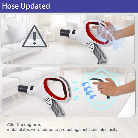 Beefed Up Replacement Rotator Hose Handle For Lift Away Vacuum Series NV500 NV501 NV502 NV503 NV504 NV505 NV510 NV520 NV552 UV560 Pro Complete Compatibility showing PVC hose and anti-static features in living room.