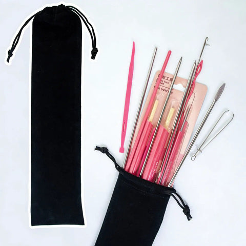 Totally Handy Drawstring Threader And Fabric Turner Kit With Elastic Band Threading Tool For Garment Repair Tailoring And Sewing Projects Easy Turn Durable Metal And Wood Design, black pouch with pink metal tools