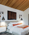 Bedroom with Vintage Industrial Wheel Pulley Wall Mount Lamp Set Of 2 With Plug In 7 Foot Brown Cord, black iron cage sconces.