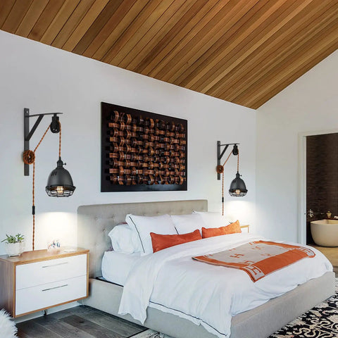 Bedroom with Vintage Industrial Wheel Pulley Wall Mount Lamp Set Of 2 With Plug In 7 Foot Brown Cord, black iron cage sconces.