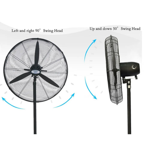 Heavy Duty Industrial Floor Fan With Oscillating Head And Three Speed Settings showing swing head angles for airflow direction.