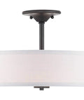 Two-Light Semi-Flush Ceiling Light In Black Finish From Inspire Collection with linen shade and etched glass diffuser, front view
