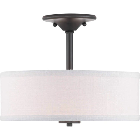 Two-Light Semi-Flush Ceiling Light In Black Finish From Inspire Collection with linen shade and etched glass diffuser, front view