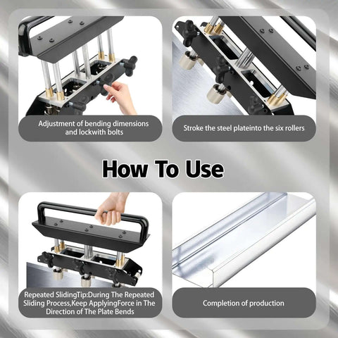 Instructions for using Three Station Edge Roller Bender For Sheet Metal, Adjustable From Zero To Ninety Degrees, Delivers Five Eighth Inch To Four Inch Bends In Twenty Nine To Twenty Two Gauge Steel, Heavy Duty Workhorse Sheet Metal Bender For Metal Roofing Projects