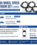 Heavy Duty 4 Piece Abs Wheel Speed Sensor Kit Fits 2013 Through 2018 Ram 1500 Front And Rear sensors and cables in black plastic.