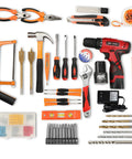 108 Piece Cordless Tool Kit Set with Sixteen Point Eight Volt Drill LED Work Light and DIY Hand Tools for Home Garden and Office Repairs Pro Grade All In One Home Maintenance Kit Black Red arranged neatly with tools visible