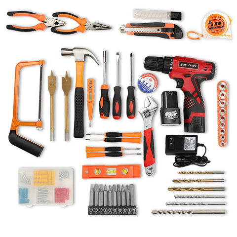 108 Piece Cordless Tool Kit Set with Sixteen Point Eight Volt Drill LED Work Light and DIY Hand Tools for Home Garden and Office Repairs Pro Grade All In One Home Maintenance Kit Black Red arranged neatly with tools visible