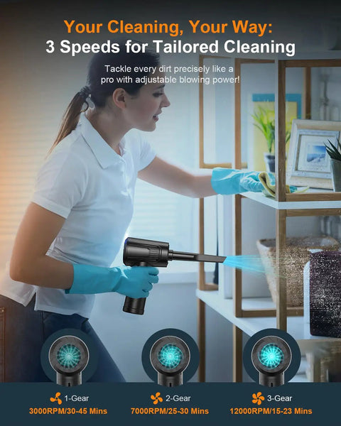 Woman using 11 In 1 Compressed Air Duster With 120000 RPM Adjustable 3 Gear Settings And LED Light for cleaning shelves.