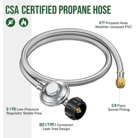 CSA certified propane hose with 4Ft Propane Regulator With Hose For Low Pressure 0-1 Psi Outdoor Grills Heaters Pits And Griddles shown