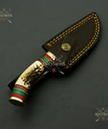 Beefy Stainless Steel Fixed Blade Knife With Wood Bolster Handle And Leather Sheath 8 Inch Overall 4 Inch Blade For Outdoor Camping And Collector Use For Everyday Carry in embroidered sheath, handle detail view.