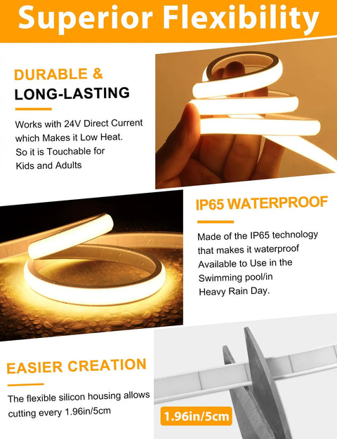 COB LED Strip Lights Pro 16.4Ft Warm White Dimmable Self Adhesive Rope Light With Remote Control shown flexible and waterproof