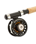 Close-up of reel on Backpacking Ready 3 Piece Fly Fishing Rod And Reel Starter Kit With 97 Inch Collapsible Fiberglass Rod And Cork Handle Case.