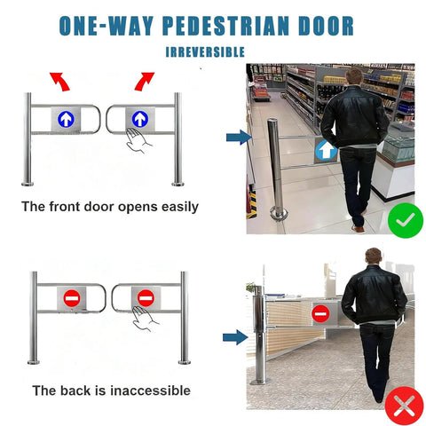 Hella Sturdy Stainless Steel Self Closing Swing Gate For Storefronts With Slick Auto Spring Feature and Reliable One Way Pedestrian Entry, showcasing irreversibility.