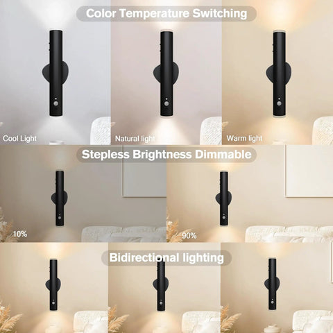 Battery Powered Wall Sconce Dual Pack with Motion Sensor demonstrating color temperature and brightness options, black finish.