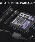 Beast 4 Channel DJ Mixer With Dual Wireless Microphones Bluetooth MP3 Player USB Interface 48V Phantom Power package contents