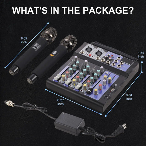 Beast 4 Channel DJ Mixer With Dual Wireless Microphones Bluetooth MP3 Player USB Interface 48V Phantom Power package contents