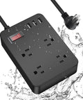 Weatherproof Outdoor Power Strip With 4 Outlets And 3 USB Ports, IPX4 Water Resistant Surge Protector, splashed with water
