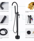 Matte Black Freestanding Tub Faucet Floor Mounted Brass Bathroom Tub Filler With Hand Shower Sleek Dope Style side view features
