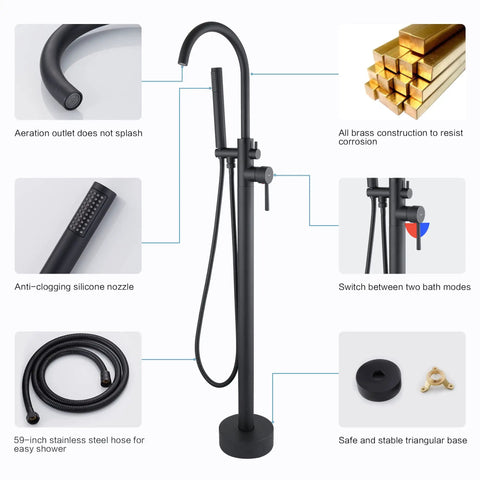 Matte Black Freestanding Tub Faucet Floor Mounted Brass Bathroom Tub Filler With Hand Shower Sleek Dope Style side view features