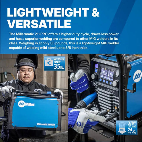 Worker using lightweight MIG welder with dual-voltage MIG welder with Dyna-Pulse MIG Auto-Set, weighs 35 lbs, welding mild steel.
