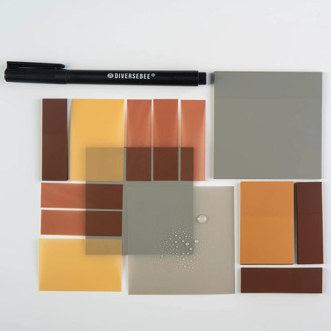 See Through Transparent Sticky Notes With Quick Dry Pen Included For Easy Markups Three Size Set and pen shown on display