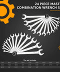 Combination Metric And SAE Wrench Set 24 Piece Portable with Drop Forged Chrome Wrenches displayed in fan shape.