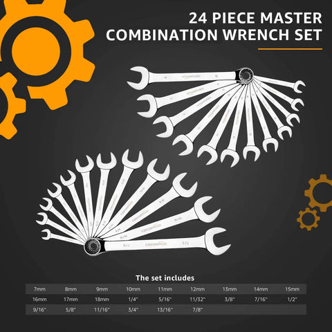 Combination Metric And SAE Wrench Set 24 Piece Portable with Drop Forged Chrome Wrenches displayed in fan shape.