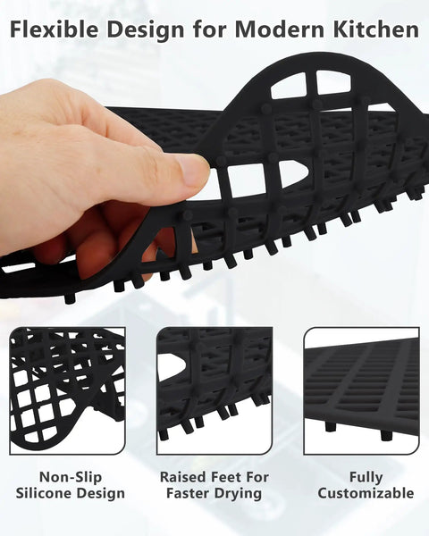 Hand holding Two Pack Silicone Sink Protectors With Trellis Pattern Non Slip Durable Kitchen Mat 13 By 11 Inches