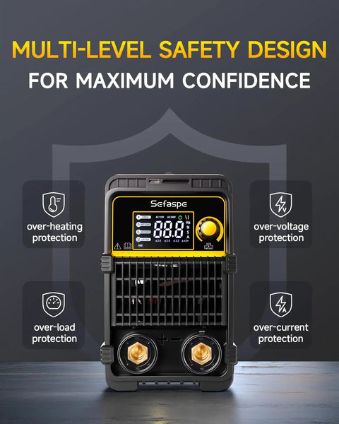 Dual Voltage Stick Welder 110V And 220V 200A Portable Arc Inverter with LED display, showcasing safety features.