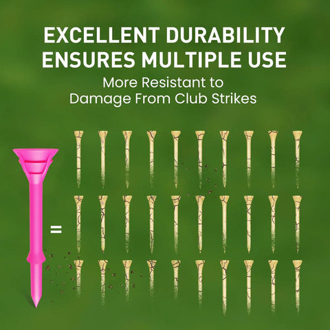 Comparison of unbreakable pink tee vs traditional wood tees emphasizing durability with Bulk Pink Golf Tees Set With Gift Box