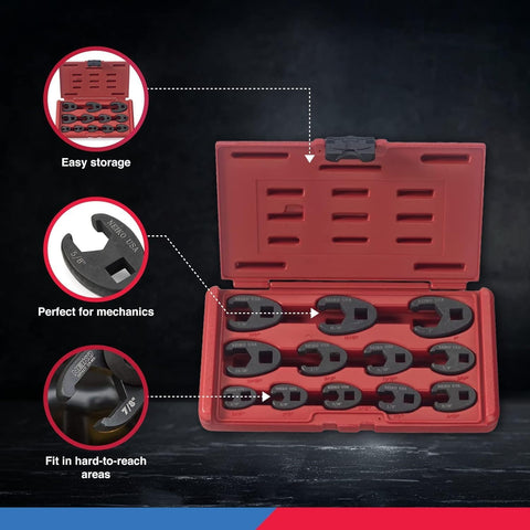 Crowfoot Wrench Set 1/2 Inch and 3/8 Inch Drive, 12-Piece SAE Flare Nut Wrenches in red blow-molded case