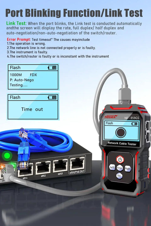 RJ45 Network Cable Tester With PoE And NCV Check, Cable Length Meter, Port Flashing Indicator alongside networking equipment