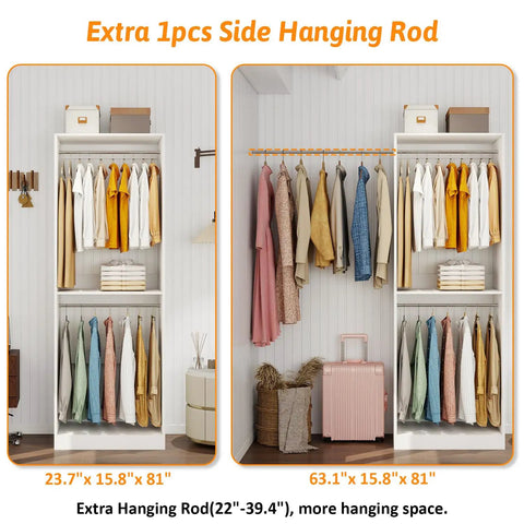 Rock Solid 8 Foot Modular Closet Organizer With 12 Hanging Rods And Extra Wall Shelf No Fuss DIY Assembly For Walk In Bedroom Storage Flexible White Layout Game Changer For Small Spaces side-by-side view with extra hanging rods in white frame, showcasing 12 rods, 81 inches tall.