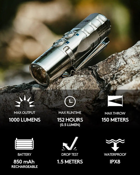 Titanium EDC Flashlight 1000 Lumens Rechargeable USB C Magnetic Pocket Clip Beast Mode Beam for Everyday Carry on rock