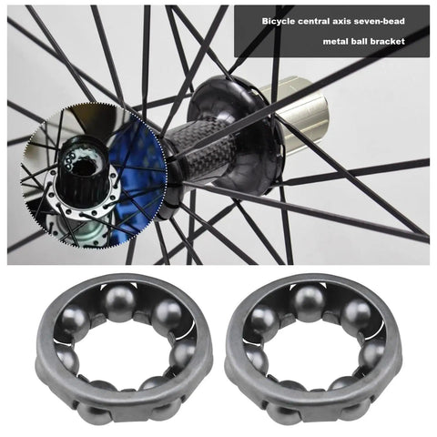 4 Pack Bike Ball Bearing Retainer Cage With 7 Balls for front wheel bearing bracket, shown in metal material, close-up on bicycle wheel
