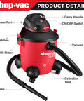 Diagram of 8 Gallon Wet Dry Vacuum With 4.5 Peak HP Motor showing features like blower port, carry handle, and collection tank.
