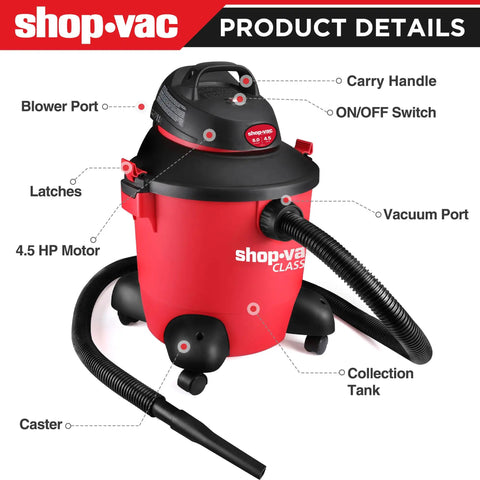 Diagram of 8 Gallon Wet Dry Vacuum With 4.5 Peak HP Motor showing features like blower port, carry handle, and collection tank.