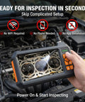 Borescope Inspection Camera with Light for Hard to Reach Areas, 4.3 Inch HD Display showing engine view, hand-held, IP67, eight LEDs