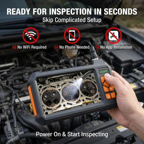 Borescope Inspection Camera with Light for Hard to Reach Areas, 4.3 Inch HD Display showing engine view, hand-held, IP67, eight LEDs