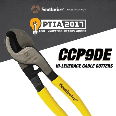 Tough Nine Inch Cable Cutter With Comfort Dipped Grips And Solid Forged Steel Arms for quick wire snipping tasks.