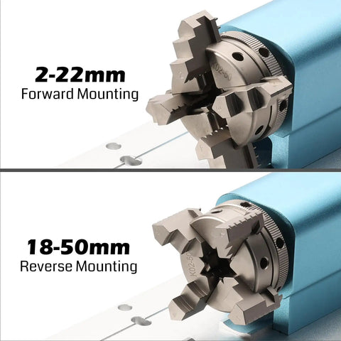 4th Axis Rotary Module Upgrade For 4040 And 3030 CNC Machines showing forward and reverse mounting with 4 jaw chuck
