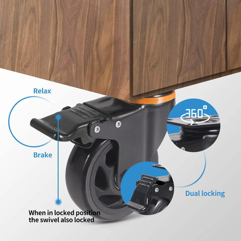 4-pack 5-inch black polyurethane caster wheels with brakes and dual locking for heavy-duty furniture