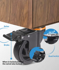 Heavy Duty 4 Inch Swivel Caster Wheels Set Of 4 With Dual Locking Brakes showing locking mechanism and quiet polyurethane tire.