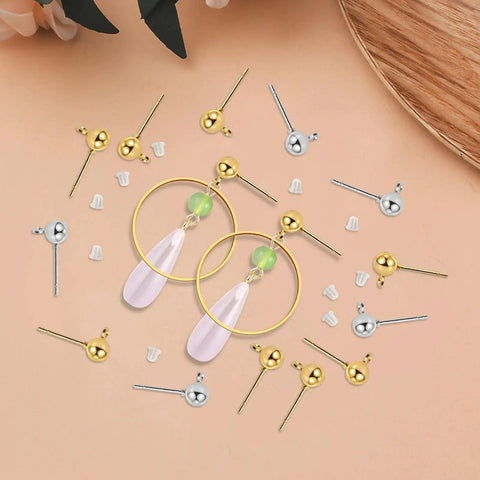 Hypoallergenic Ball Stud Earrings Posts With Loop For Jewelry Making, Round Ball Post Studs And Clear Earring Backs Kit, 320 Piece DIY Jewelry Supply For Crafting Dope Earrings And Accessories, gold and silver posts with clear backs