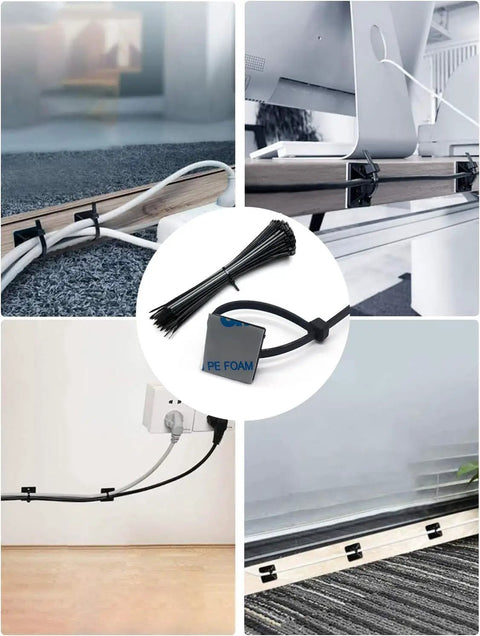 Self Adhesive Cable Zip Tie Mounts Kit With 3M Strong Adhesive, 100 Mounts And 100 6 Inch Nylon Ties, Sticky Outdoor Wire Organizer Clips For Easy Cable Management Black shown securing cables on various surfaces.